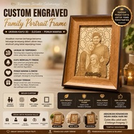 Custom Frame Gambar Potret Kayu | Ukir Foto Engraved | Hadiah Keluarga | Custom Portrait