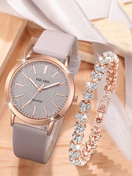 女士時尚簡約刻度機械盤石英手錶,配啞光皮帶+全鑲鑽心形手鐲套裝