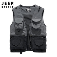 JEEP SPIRIT เสื้อกั๊กผู้ชายหลายกระเป๋าเสื้อกั๊กสีดำบางเสื้อกั๊กกลางแจ้งเสื้อกั๊กแบบมีหลายกระเป๋า