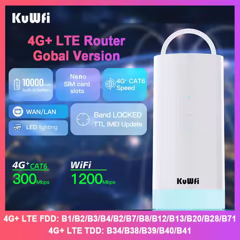 KuWFi CAT6 4G+ LTE Router 1200Mbps 2.4G/5.8G Single Band WiFi 4G LTE Modem 10000mAh Battery Color LE