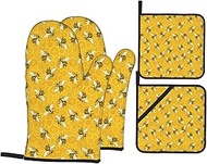 Honeybees Honeycomb Bumble Bee Hive Heat Resistant Oven Mitts and Pot Holders 4-Piece Set - 500°f Pr