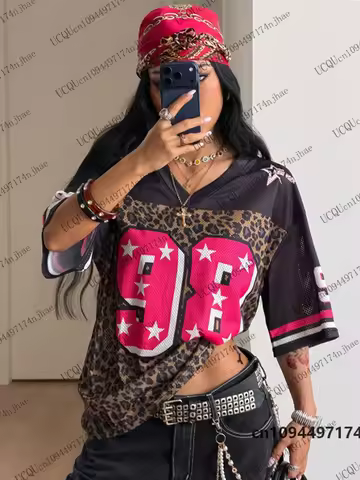 Oversized T-Shirt For Women V-Neck Summer Leopard New York No.98 Print Short Sleeve Sports Tees Foot
