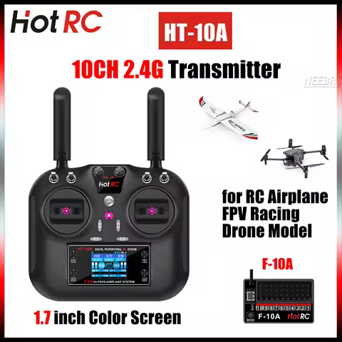 HOTRC HT-10A 10CH Transmitter 2.4G 1.7 Inch Color Screen with F-10A Receiver Remote Controller for R