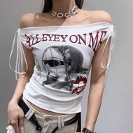 Batwing off-the-shoulder shirt with ribbon tie printed with dynamic y2k style personality off should