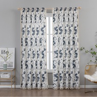 Retro Sheer Curtains for Living Room/Bedroom, Navy Flowers Rod Pocket Semi Sheer Kitchen Curtain, Pastoral Window Treatment Drapes, 1 Piece Window Curtain Panels