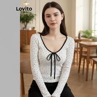 Lovito Women's Casual T-Shirt with Polka Dot Bow Detail and Contrast Binding, Perfect for Summer and
