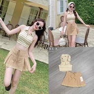 Pimala SETเสื้อครอปคอปกความเก๋ซิปหน้าหัวซิปเป็นน้องโบว์น่ารัก