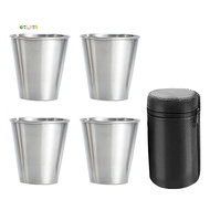Stainless Steel Shot Cups, Set of 4 Cups, Metal Shot Glasses, Stackable, Hip Flask Small with Leathe