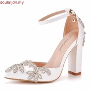 XSHXY · 7cm Thick Heel Pointed Shoes Hollow Square Root Sandals Rhinestone Wedding Women White Brida