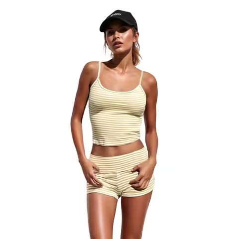 Vintage Women 2-Piece Summer Outfits Striped Print Crop Camisole and Folded Waist Shorts for Club St