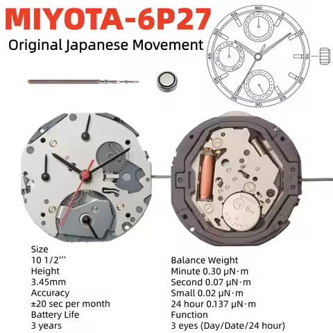Japan 6P27 Movement Miyota 6P27 Movement 6 Hands 6:00 9:00 12:00 Small Seconds (Day/Date/24 Hour)Siz