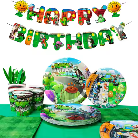 Plants vs Zombies Party Tableware, 128pcs Plants vs Zombies Tableware Set-Plants vs Zombies Banner P