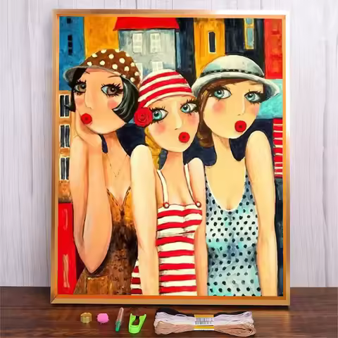 Cartoon Girl Sewing Machine Cross Stitch Kit Printed Full Embroidery Eco-cotton Thread 11CT Home Dec