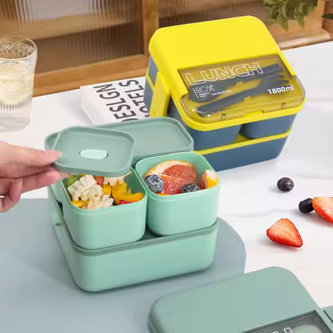 Portable Lunch Box Kids School Bento Box 2 layer With Compartments Plastic Microwave Food Storage Co