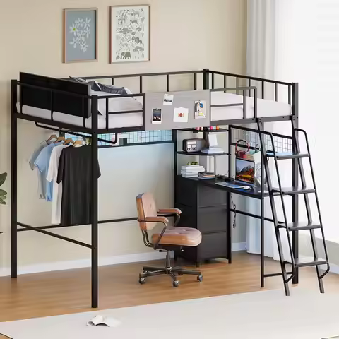 Full Size Loft Bed with Desk LED Charging Storage Metal Frame Guardrail Ladder Adult Gaming Space-Sa