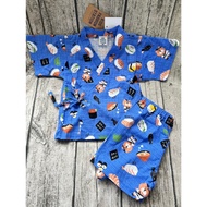 Japanese Genuine Pure Cotton Jinping Yukata Sushi Blue Short-Sleeved Top Shorts 90 Children's Clothi