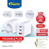 PowerPac USB Travel Adapter 3 Pin Plug, Fast Charge, Smart Charge 65 Watts, Tablet Charger, Smart Phone Charger (PP7987)