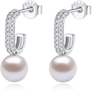 YAMI Natural Round Pearl Earrings 925 Sterling Silver Cubic Zirconia Open Hoop Earrings for Women 6-