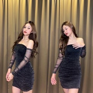 DRESS MINI SABRINA GLITTER IMPORT BANGKOK BKK casual wanita Pesta Panjang Midi Gaun Kondangan Hitam 