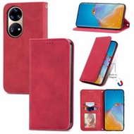 全城熱賣 - 適用於華為P50 PRO 復古膚感商務磁吸左右開皮套帶卡包/錢包/相框/支架功能（紅色）