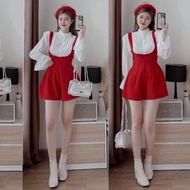 Korean women's thigh bib set, red 2-piece bib set with lovely pleated long-sleeved white shirt