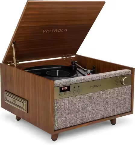 6-in-1 Vinyl Record Player & Music Center – 3-Speed Turntable, CD & Cassette, Bluetooth, Mid Century
