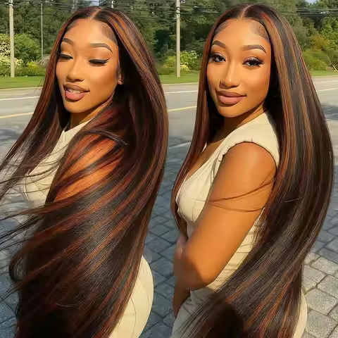 1B/30 Black and Brown Highlights Bone Straight 13X4 Transparent Lace Frontal Human Hair Wigs 9X6 Glu