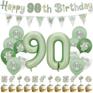 28Pcs Eucalyptus Leaves Birthday Party Balloon Set, Age 90 and Others,Number Balloon, Banner, Cake T