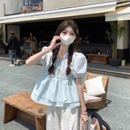 Ruo Bei Xuan เสื้อเบลาส์ทรงหลวมมีแขนย่นสำหรับฤดูร้อนแฟชั่นของผู้หญิง