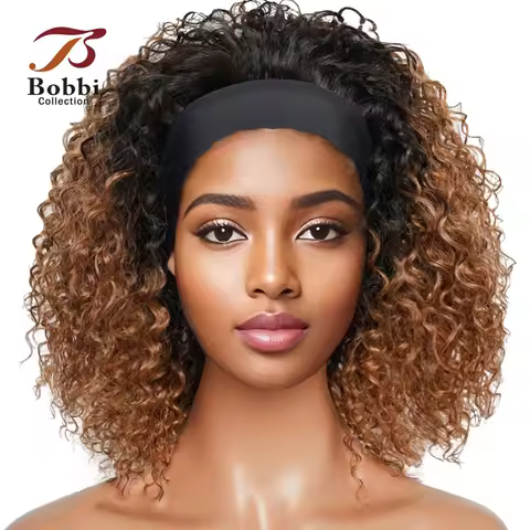 220% Density Glueless Human Hair Wigs for Women Short Curly Headband Wig Ombre 1B 30 Jerry Curly Wea