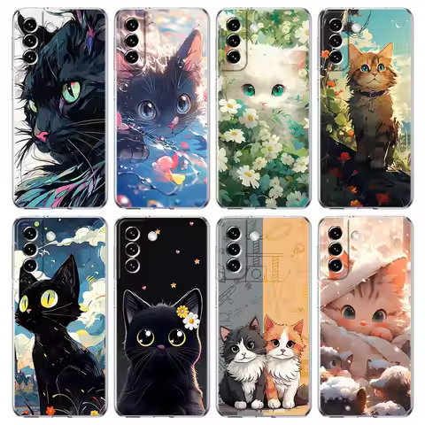 cartoon lovely cat Art fashion Phone Case For Samsung Galaxy S24 S23 S22 S20 Ultra S21 FE 5G S10 S9 