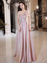 Single Shoulder Maxi Bride Dress Wedding Evening Dress Pretty Elegant Banquet Formal Gown Pink Bow D