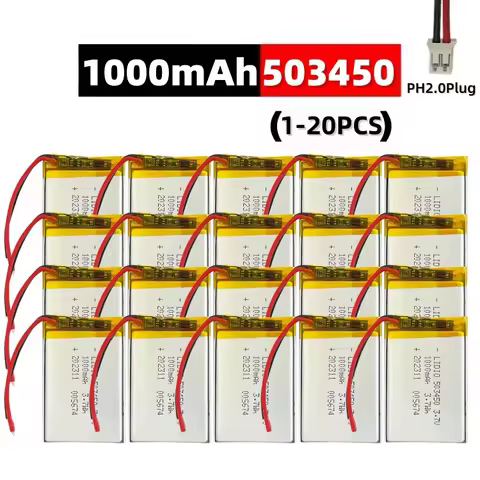 503450/523450 3.7V 1000mAh Polymer Lithium Rechargeable Battery, PH2.0-2P Plug for GPS, Smartphone, 