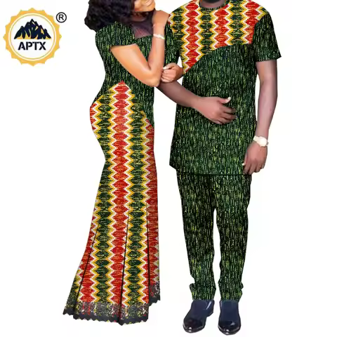 African Clothes for Couples Matching Outfits Dashiki Metallic Women Print Lace Dresses Bazin Riche M