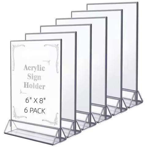 6 Pack Acrylic Sign Holder 6x8 Clear Double Sided Table Menu Picture Frames with Silver Borders Vert