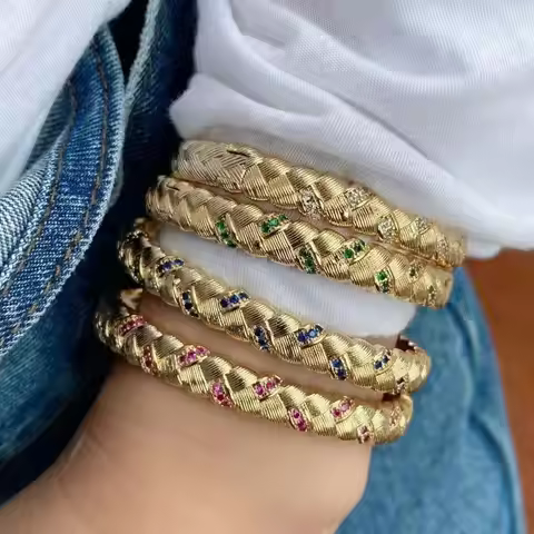 3Pcs Luxury Vintage Gold Plated Cz Micro Pave Multi Color Crystal Pave Bangle,Blue Green White Bangl