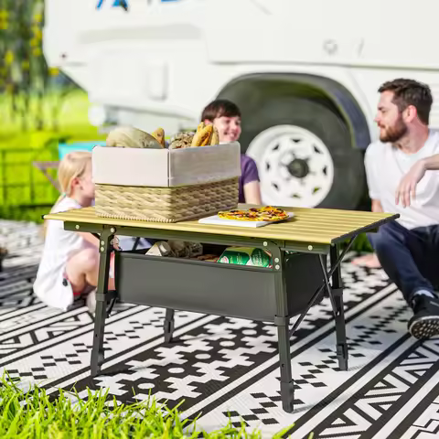 3ft Camping Table, Adjustable Height Small Folding Table, Brown