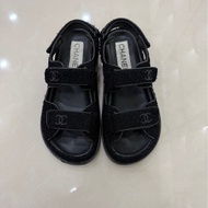 CHANEL 香奈兒經典雙C LOGOG毛呢魔術貼涼鞋黑色