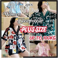 PLUS SIZE Baju Tidur Perempuan Ice Silk Button Two-Piece Set Woman Pajamas Short-Sleeved Pyjamas Sle