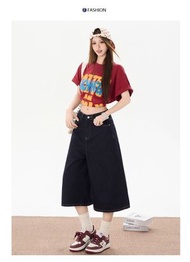 實拍 淺色直筒闊腿七分牛仔短褲女2026高腰寬鬆顯瘦復古中褲子-淺藍七分褲 XS