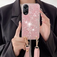 Lanyard Case Oppo Reno 10 Pro Plus Reno10 Pro Crossbody Necklace Chain Cord Gold Foil Glitter Transp