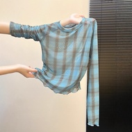 Hong Kong Style Retro Plaid Long Sleeve Top - Breathable Lightweight Fabric, Ideal for Warm Weather