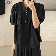 ZANZEA เสื้อสไตล์เกาหลีสำหรับผู้หญิงเสื้อลำลองแขนพองกระดุมคอตั้งเสื้อเสื้อทรงหลวมธรรมดา #10