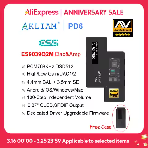 (Andy 5-Star) AkLIAM PD6 ES9039Q2M USB DAC OLED Display Hifi Portable Dac & Amp 3.5mm 4.4mm Headphon