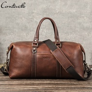 CONTACTS Genuine Leather Men Bag Travel Tote Bag Large Capacity Zipper Pocket Bag Male Shoulder Bags