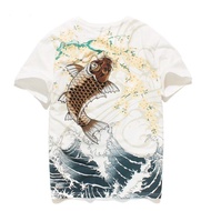 Lyprerazy Japanese Harajuku Ukiyoe Carp Fish Embroidered T-shirt Mens Embroidery Short-sleeve Vintag