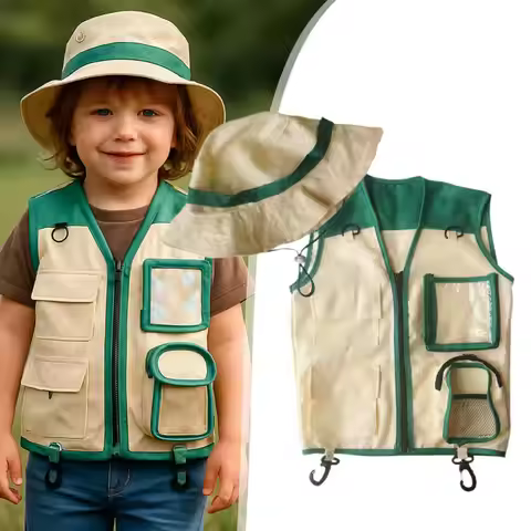 Kids Outdoor Exploration Vest And Hat Set - Children's Explorer Costume for Camping Fishing Zoo Keep