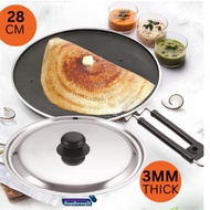 Tosai Pan with Lid TRISHUL 28CM Heavy Duty Flat Tawa with Stainless Steel Handle Roti Thosai Capati 