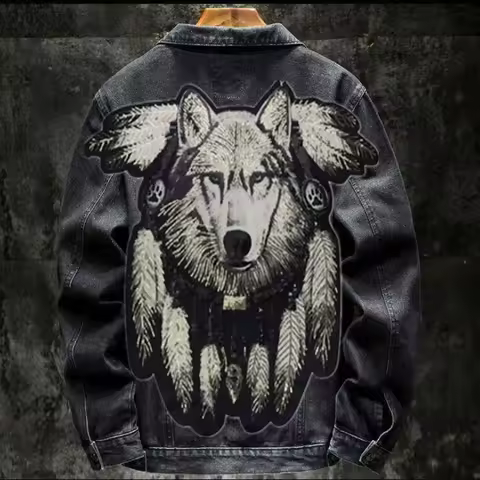 America Vintage Heavy Wolf Embroidered Patch Jeans Jacket Men Hip Pop Punk Rivet Denim Jackets Stree