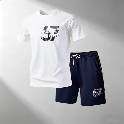 Hot Sale Men's 2 Piece T-Shirts Sets O-Neck Short Sleeve + Sports Shorts Breathable Quick Dry Casual